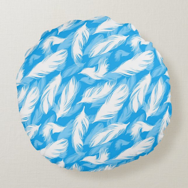 Sophisticated Feather Design On A Bright Blue Rond Kussen (Achterkant)