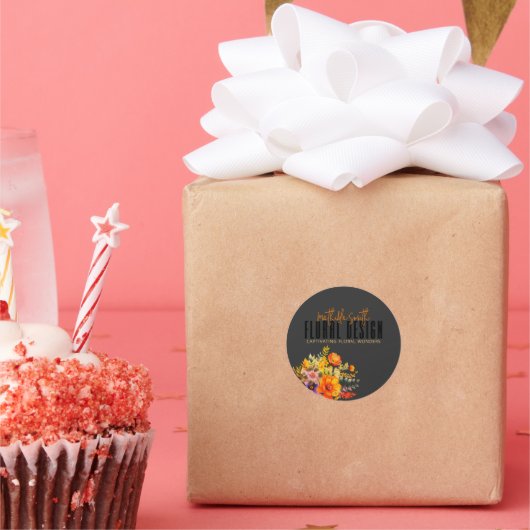 Sophisticated Floral Design Black Orange Flowers  Ronde Sticker (Feest)