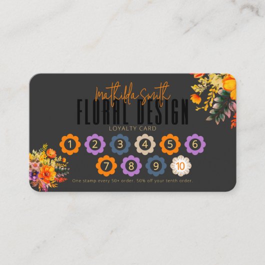 Sophisticated Floral Design Black Orange Loyalty Visitekaartje (Voorkant)