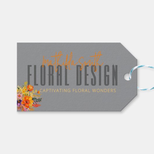 Sophisticated Floral Design Gray Orange Flowers  Cadeaulabel (Voorkant (Horizontaal))