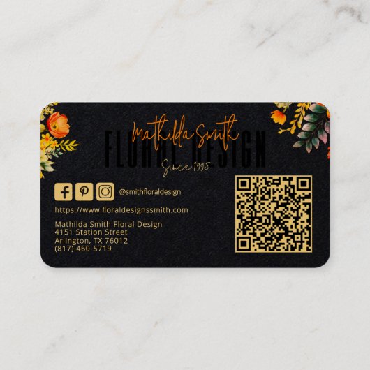 Sophisticated Floral Design Zwart Sinaasappels Blo Visitekaartje (Achterkant)