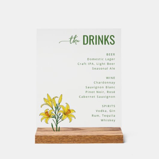 Sophisticated Green Floral Beverage Menu Acryl Bord (Voorkant)