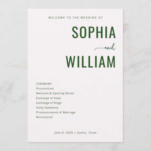 Sophisticated Green Minimalist Wedding Ceremony Programmakaart (Voorkant)