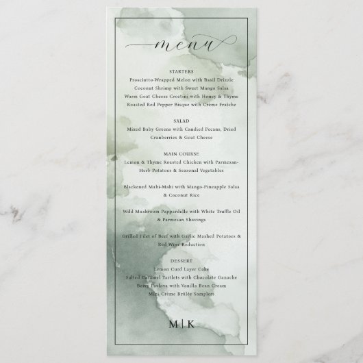 Sophisticated Groen Waterverf Bruiloftsmenu Menu (Voorkant)