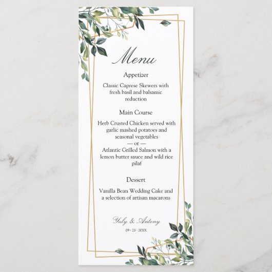 Sophisticated groene gedrukte gouden diner menu (Voorkant)
