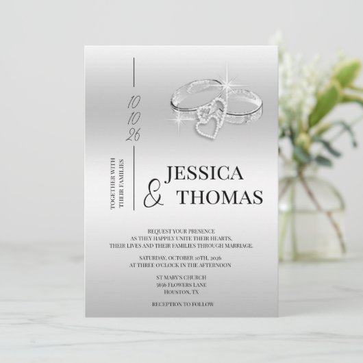 Sophisticated klasse, zilveren trouwringen bruilof kaart (Staand voorkant)