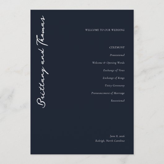 Sophisticated Marine Minimalistisch Huwelijksprogr Programmakaart (Voorkant)