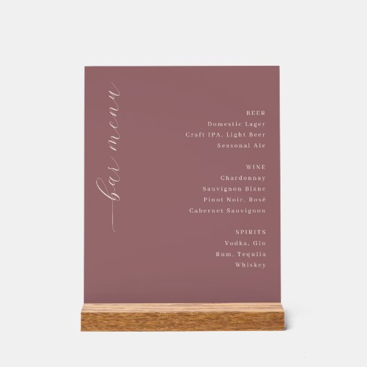 Sophisticated Maroon Minimalist Bar Menu Acryl Bord (Voorkant)