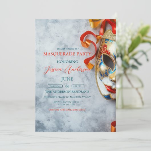 Sophisticated masker grijs Masquerade Party Verjaa Kaart (Staand voorkant)