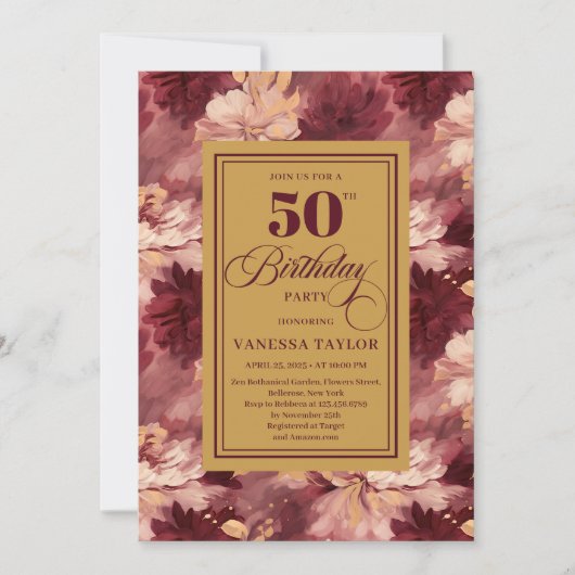 Sophisticated merlot blush gouden bloemen verjaard kaart (Voorkant)