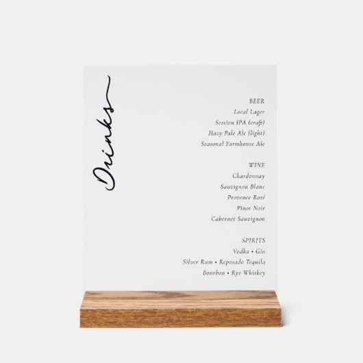 Sophisticated Minimalist Beverage Menu Acryl Bord (Voorkant)