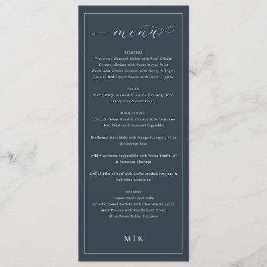 Sophisticated Navy Blue Elegant Wedding Menu (Voorkant)
