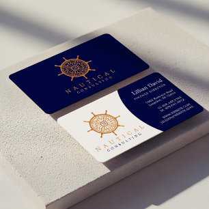 Sophisticated Navy Blue Nautical Ship Wheel Logo Visitekaartje
