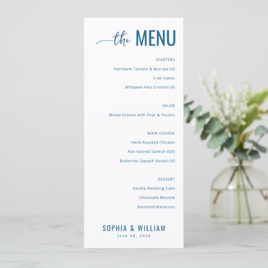 Sophisticated Navy Bruiloftsmenu Menu (Staand voorkant)