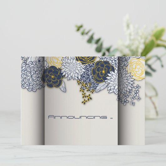 Sophisticated Navy en gele bloemen aankondiging (Staand voorkant)