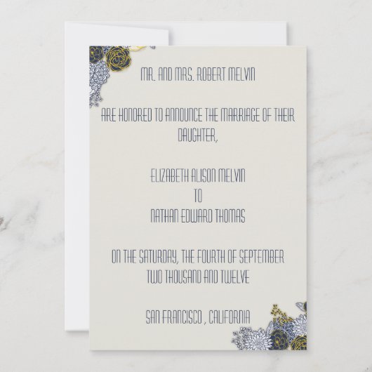 Sophisticated Navy en gele bloemen aankondiging (Achterkant)