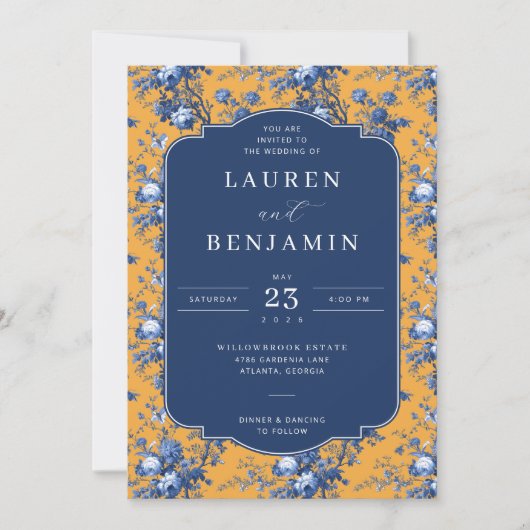 Sophisticated Navy Floral Wedding Invitation Kaart (Voorkant)