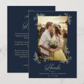 Sophisticated Navy Flourish Photo Wedding Thanks Bedankkaart (Voorkant / Achterkant)