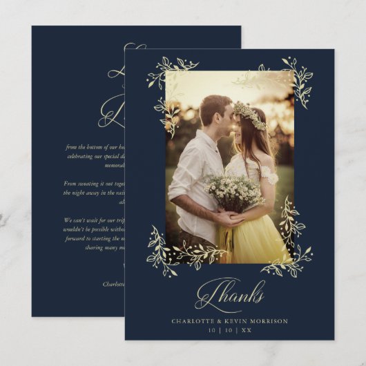 Sophisticated Navy Flourish Photo Wedding Thanks Bedankkaart (Voorkant / Achterkant)