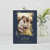 Sophisticated Navy Flourish Photo Wedding Thanks Bedankkaart (Staand voorkant)