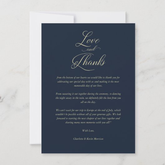 Sophisticated Navy Flourish Photo Wedding Thanks Bedankkaart (Achterkant)