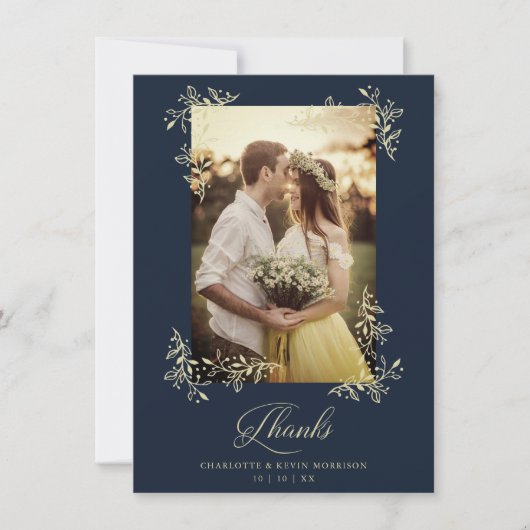 Sophisticated Navy Flourish Photo Wedding Thanks Bedankkaart (Voorkant)