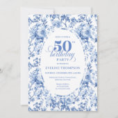 Sophisticated Navy Toile Rose 50th Birthday Invite Kaart (Voorkant)
