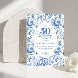 Sophisticated Navy Toile Rose 50th Birthday Invite Kaart