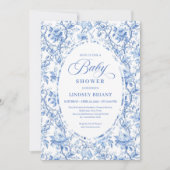 Sophisticated Navy Toile Rose Baby Shower Invite Kaart (Voorkant)