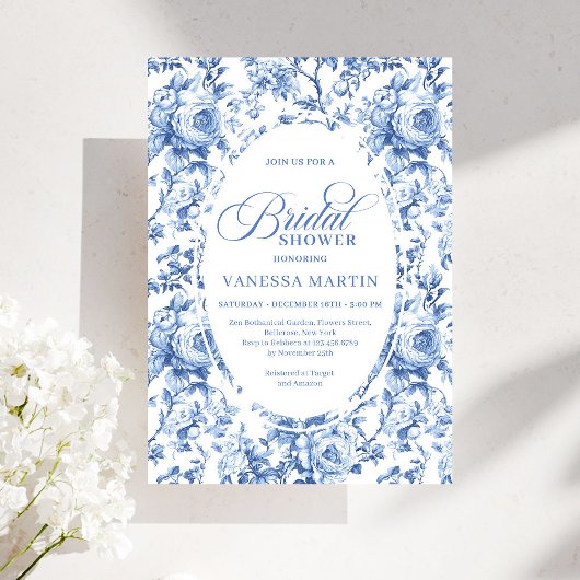 Sophisticated Navy Toile Rose Bridal Shower Invite Kaart