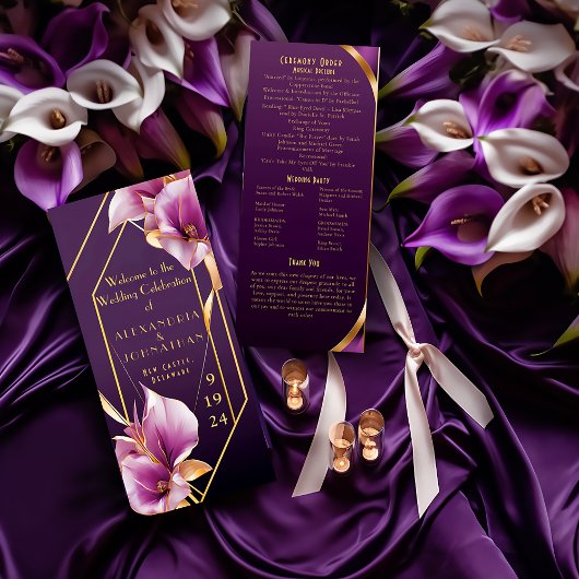 Sophisticated Paarse en gouden Calla Lily bruiloft Programmakaart