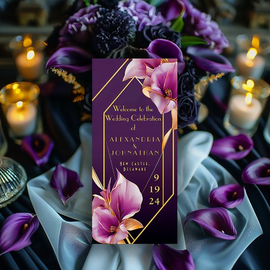 Sophisticated Paarse en gouden Calla Lily bruiloft Programmakaart