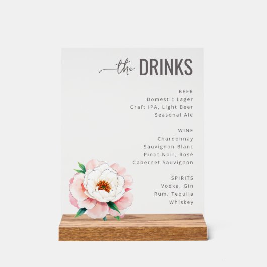 Sophisticated Pink Floral Beverage Menu Acryl Bord (Voorkant)