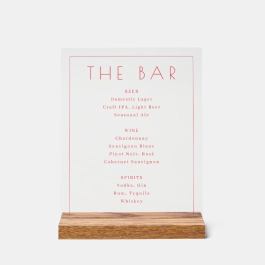 Sophisticated Pink Minimalist Bar Menu Acryl Bord (Voorkant)