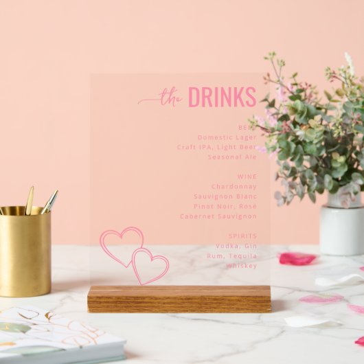 Sophisticated Pink Minimalist Beverage Menu Acryl Bord (Huwelijk)