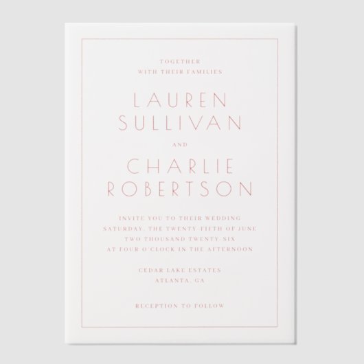 Sophisticated Pink Minimalist Wedding Invitation Vellum Uitnodigingen (Voorkant)