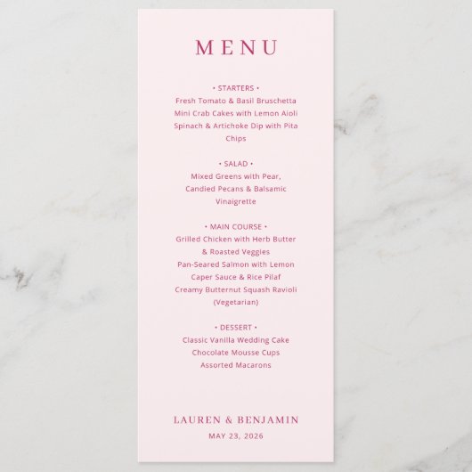 Sophisticated Pink Serif Wedding Menu (Voorkant)