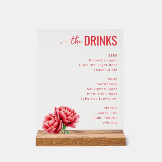 Sophisticated Red Floral Beverage Menu Acryl Bord (Voorkant)