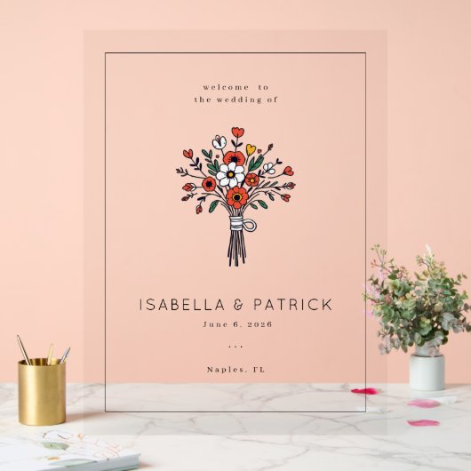 Sophisticated Red Floral Bouquet Acryl Bord (Huwelijk)