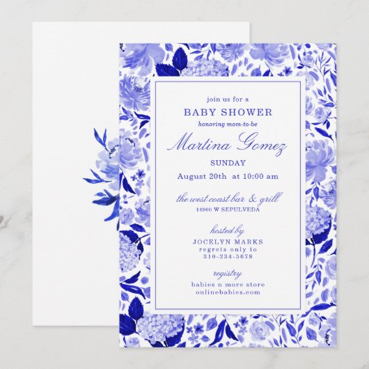 Sophisticated Royal Blue Floral Baby shower Kaart (Voorkant / Achterkant)
