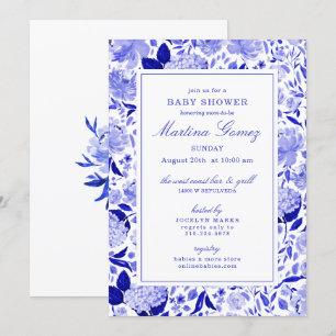 Sophisticated Royal Blue Floral Baby shower Kaart