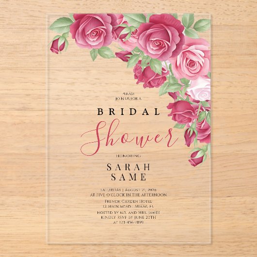 Sophisticated Roze Bruidsfeest Acryl Uitnodigingen (Voorkant)