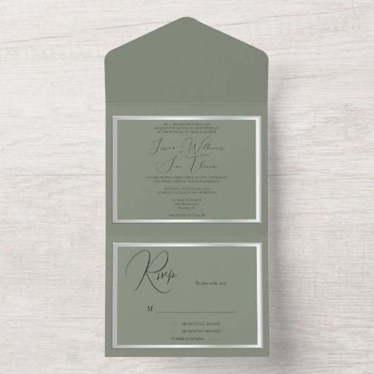 Sophisticated Sage & Zilveren bruiloft All In One Uitnodiging (Binnen)