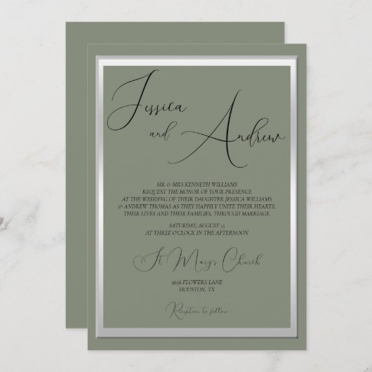 Sophisticated Sage & Zilveren bruiloft Kaart (Voorkant / Achterkant)