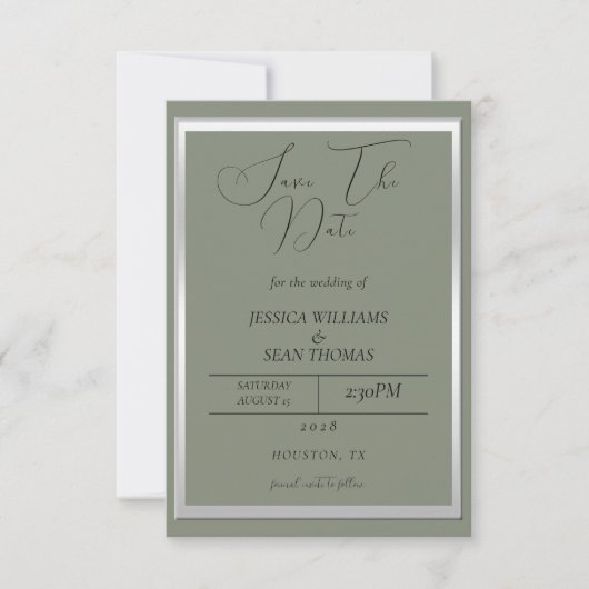 Sophisticated Sage & Zilveren bruiloft Save The Date (Voorkant)