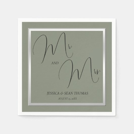 Sophisticated Sage & Zilveren bruiloft Servet (Voorkant)