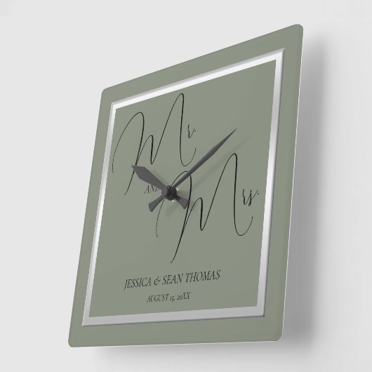 Sophisticated Sage & Zilveren bruiloft Vierkante Klok (Hoek)