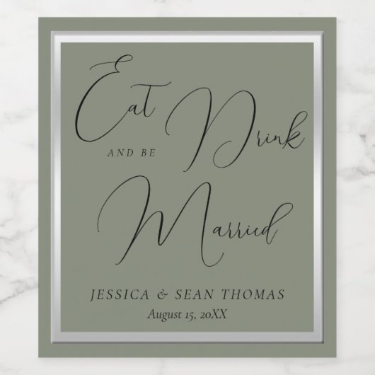 Sophisticated Sage & Zilveren bruiloft Wijn Etiket (Enkel label)