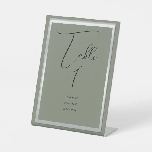 Sophisticated Sage & Zilveren Trouwtafel Nummer Reclamebord Met Voetstuk (Voorkant)