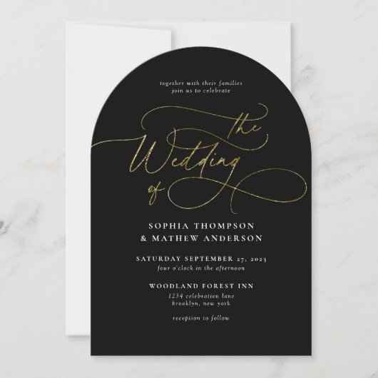 Sophisticated Script Zwarte Gouden Boog Bruiloft Kaart (Voorkant)